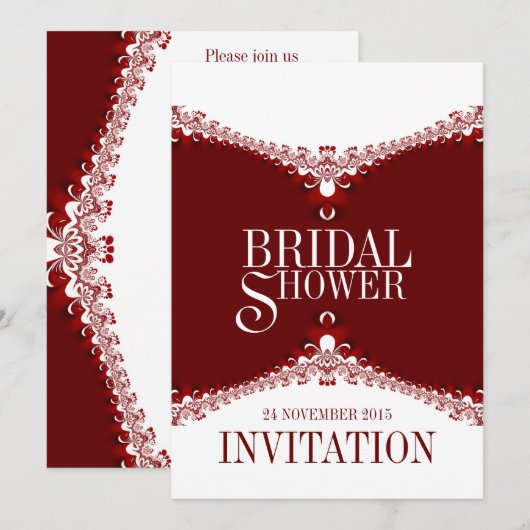 Red White Elegant Lace Bridal Shower Invitations Kaart (Voorkant / Achterkant)