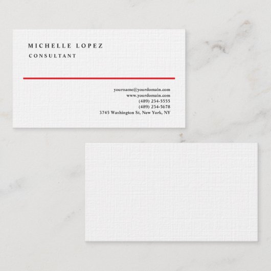 Red White Elegant Plain Professional Linen Visitekaartje (Voorkant / Achterkant)