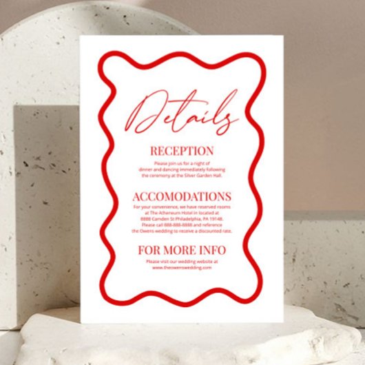 Red White Elegant Wavy Border Wedding Details Informatiekaartje