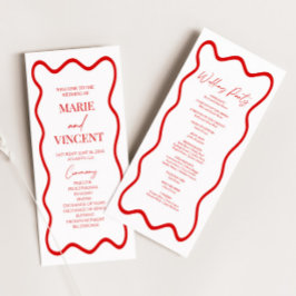 Red White Elegant Wavy Border Wedding Programmakaart