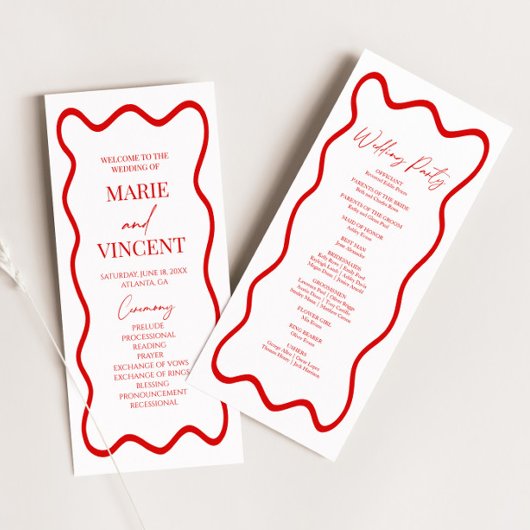 Red White Elegant Wavy Border Wedding Programmakaart
