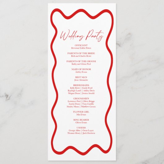 Red White Elegant Wavy Border Wedding Programmakaart (Achterkant)