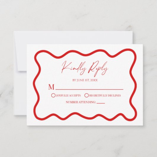 Red White Elegant Wavy Border Wedding RSVP Card (Voorkant)