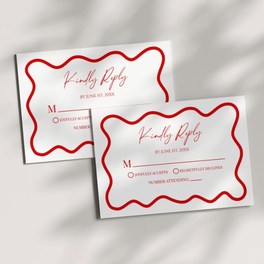 Red White Elegant Wavy Border Wedding RSVP Card