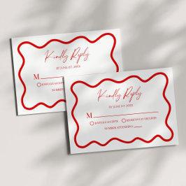 Red White Elegant Wavy Border Wedding RSVP Card Kaartje