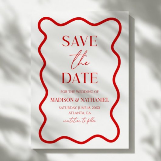 Red White Elegant Wavy Border Wedding Save The Date