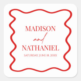 Red White Elegant Wavy Border Wedding Vierkante Sticker