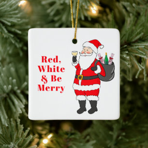 Red White en Be Merry Santa White Wine Custom Keramisch Ornament