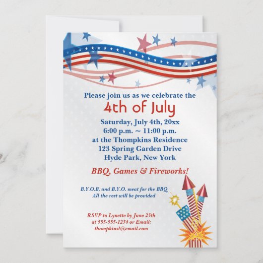 Red White en Blue, 4 juli, partijuitnodiging Kaart (Achterkant)