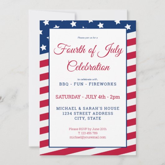 Red White en Blue, 4 juli, partijuitnodiging Kaart (Voorkant)