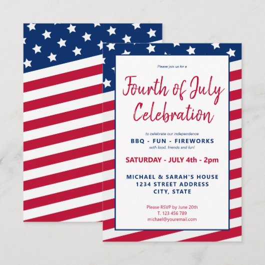 Red White en Blue, 4 juli, partijuitnodiging Kaart (Voorkant / Achterkant)