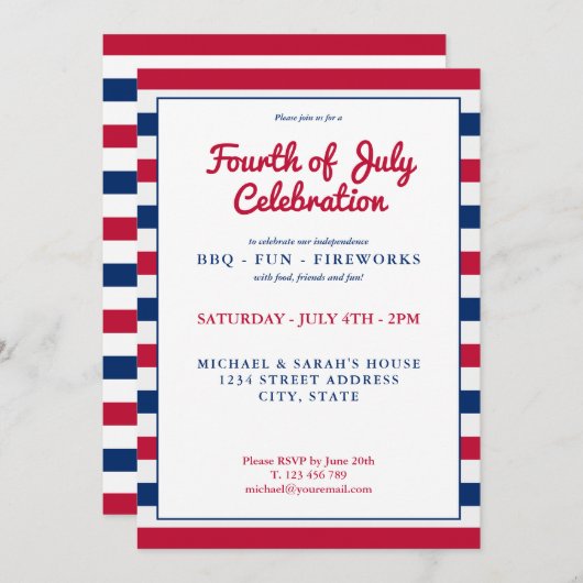 Red White en Blue, 4 juli uitnodiging (Voorkant / Achterkant)