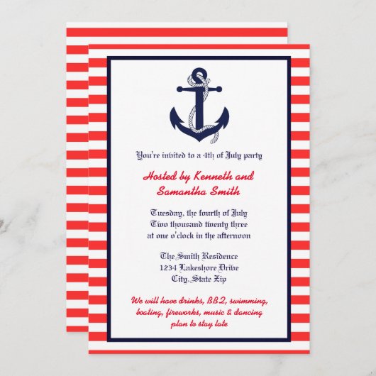 Red White en Blue Anchor - partijuitnodiging Kaart (Voorkant / Achterkant)