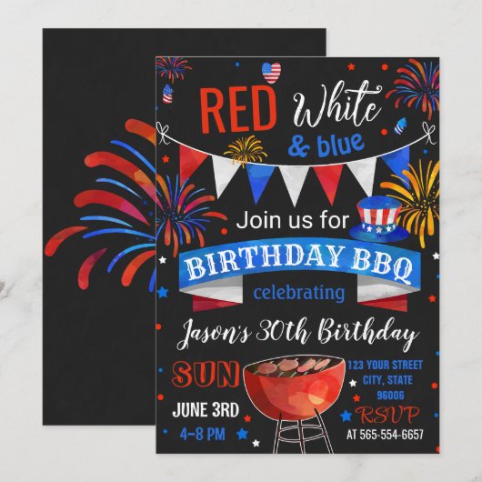 Red White en Blue Birthday, uitnodiging van de BBQ (Voorkant / Achterkant)