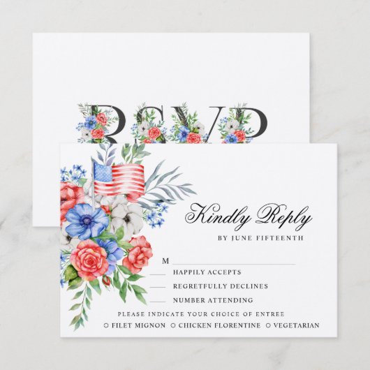 Red White en Blue Bouquet | RSVP-kaart voor maalti RSVP Kaartje (Voorkant / Achterkant)