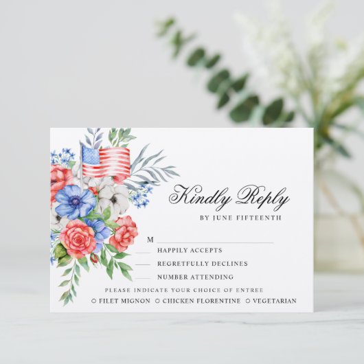 Red White en Blue Bouquet | RSVP-kaart voor maalti RSVP Kaartje (Staand voorkant)