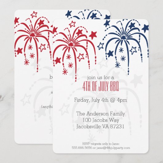 Red White en Blue Fireworks, 4 juli uitnodigingen (Voorkant / Achterkant)