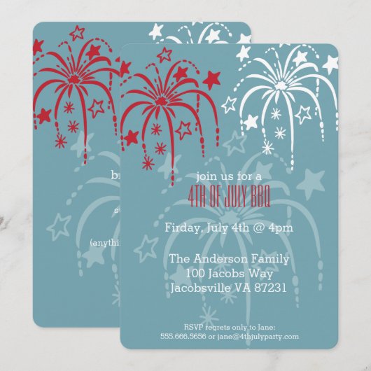 Red White en Blue Fireworks, 4 juli uitnodigingen (Voorkant / Achterkant)
