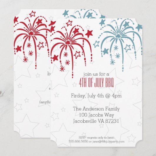 Red White en Blue Fireworks, 4 juli uitnodigingen (Voorkant / Achterkant)