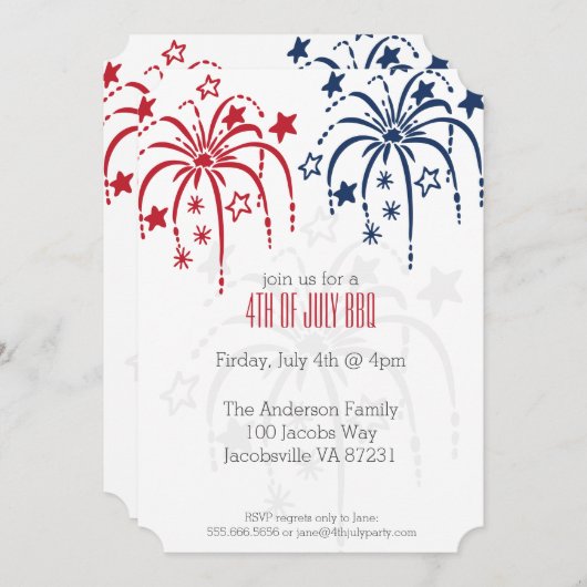 Red White en Blue Fireworks, 4 juli uitnodigingen (Voorkant / Achterkant)