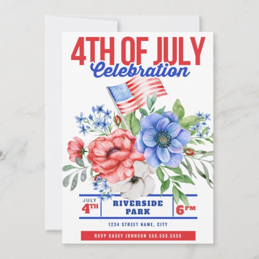 Red White en Blue Floral 4 juli Uitnodiging (Voorkant)
