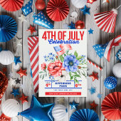 Red White en Blue Floral 4 juli Uitnodiging