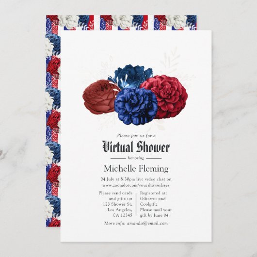 Red White en Blue Floral 4 juli virtuele Shower Kaart (Voorkant / Achterkant)