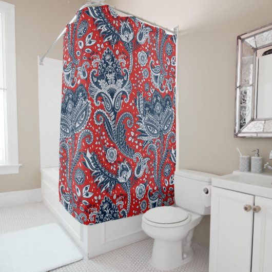 Red White en Blue Floral Paisley Bohemian Boho Douchegordijn (In situ)