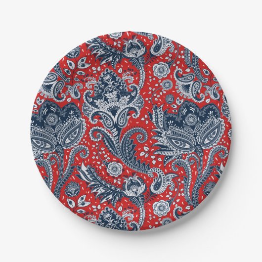 Red White en Blue Floral Paisley Bohemian Boho Papieren Bordje (Voorkant)