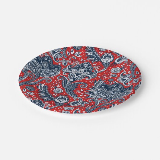 Red White en Blue Floral Paisley Bohemian Boho Papieren Bordje (Gekanteld)