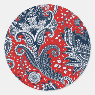 Red White en Blue Floral Paisley Bohemian Boho Ronde Sticker