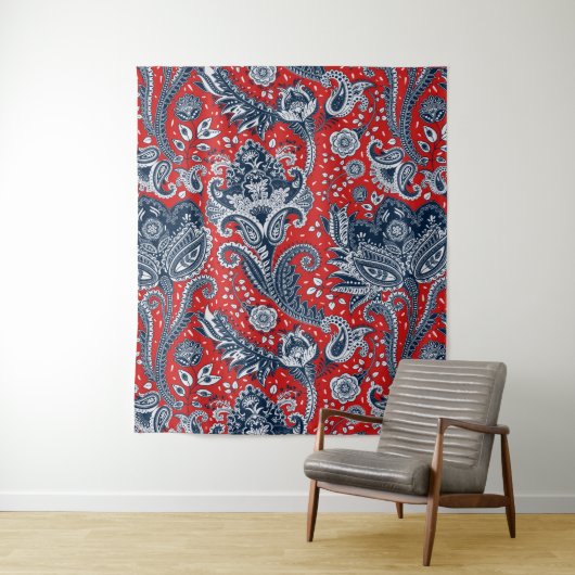 Red White en Blue Floral Paisley Bohemian Boho Wandkleed (In situ)