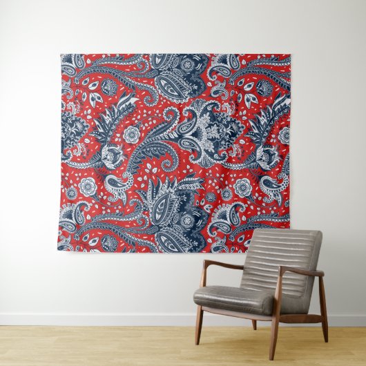 Red White en Blue Floral Paisley Bohemian Boho Wandkleed (In Situ (horizontaal))