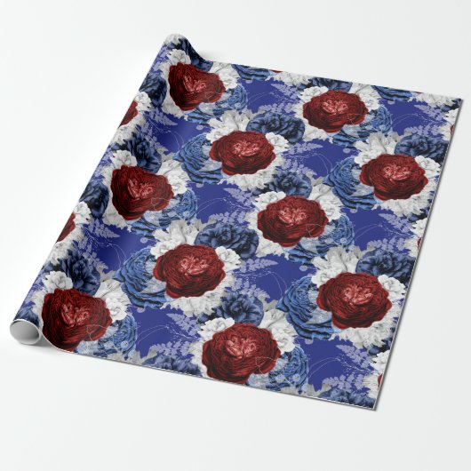 Red, White en Blue Floral USA Pattern Cadeaupapier (Uitgerold)