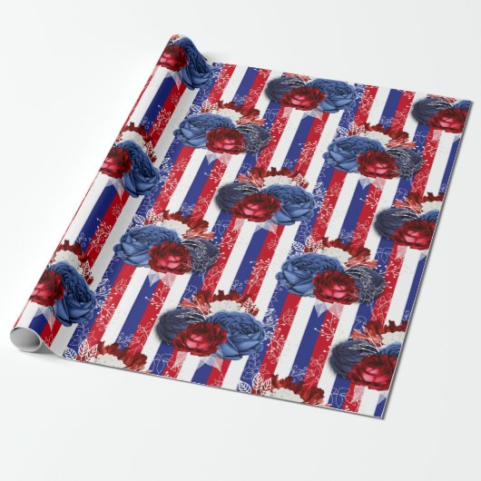 Red, White en Blue Floral USA Pattern Cadeaupapier (Uitgerold)