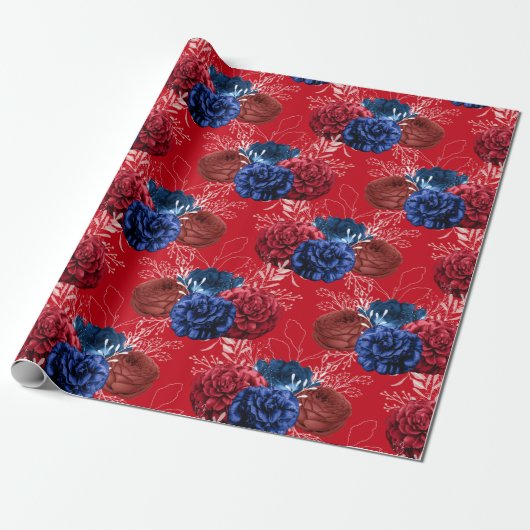 Red, White en Blue Floral USA Pattern Cadeaupapier (Uitgerold)