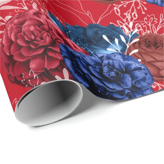 Red, White en Blue Floral USA Pattern Cadeaupapier (Rol Hoek)
