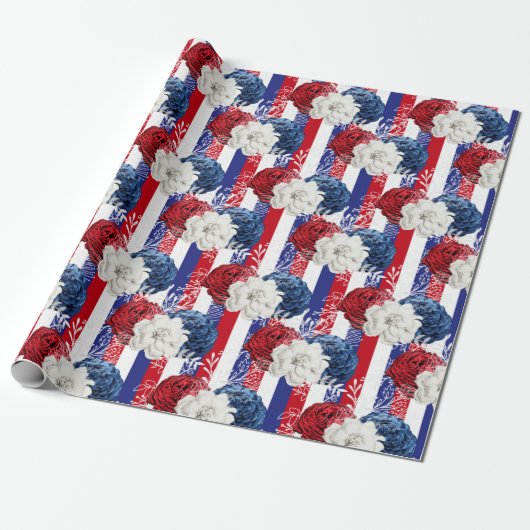 Red, White en Blue Floral USA Pattern Cadeaupapier (Uitgerold)