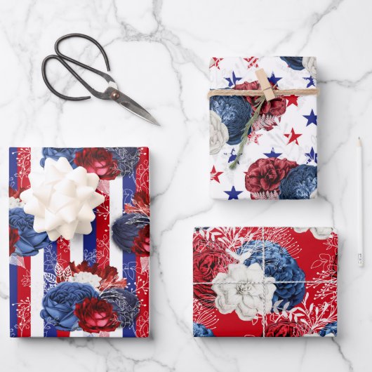 Red, White en Blue Floral USA Pattern Inpakpapier Vel (Voorkant)