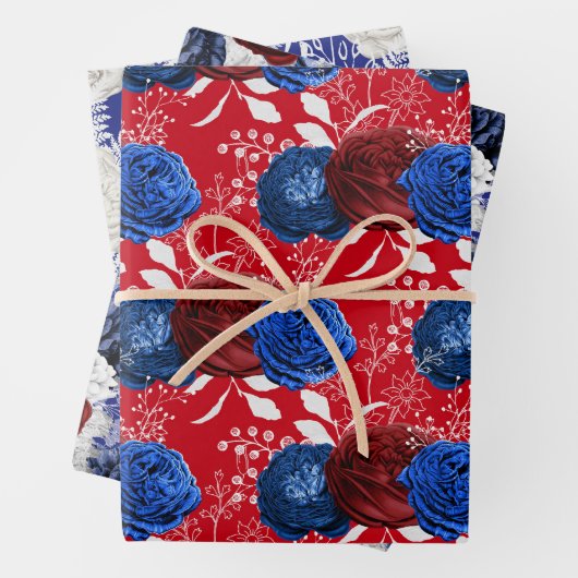 Red, White en Blue Floral USA Pattern Inpakpapier Vel (In situ)
