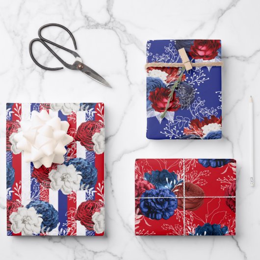 Red, White en Blue Floral USA Pattern Inpakpapier Vel (Voorkant)