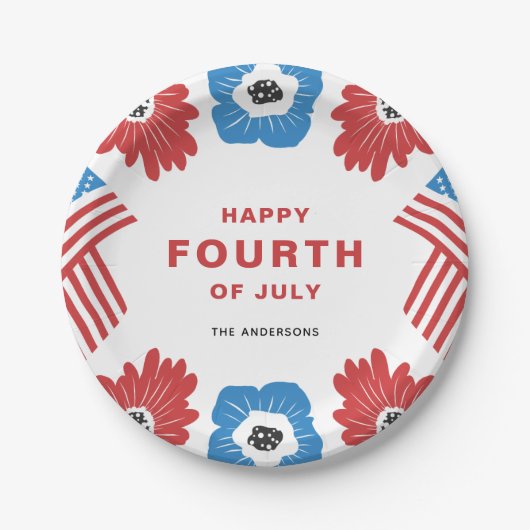 Red White en Blue Florals Happy Fourth of Juli Papieren Bordje (Voorkant)