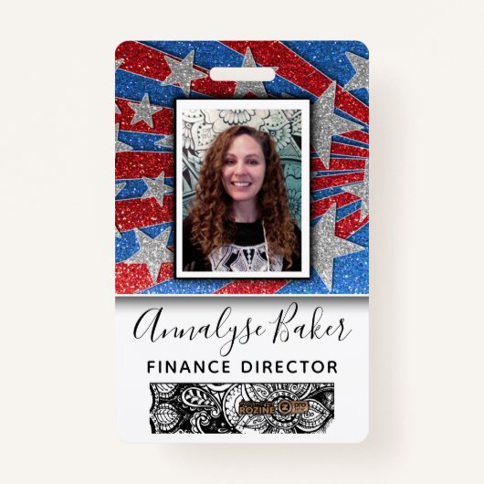 Red White en Blue Glitter Nurse USA Fotonaam Badge (Voorkant)