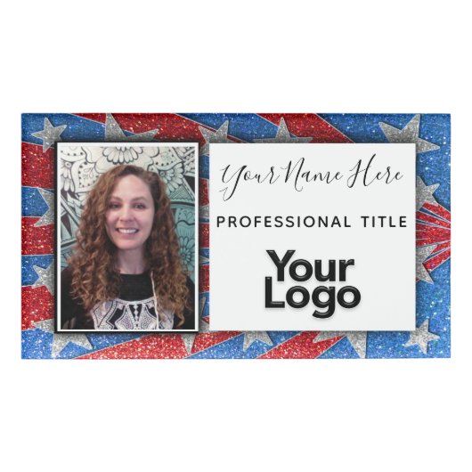 Red White en Blue Glitter USA Photo Employee Naambadge (Voorkant)