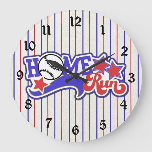 Red White en Blue Home Run Baseball Striped Clock Grote Klok (Voorkant)