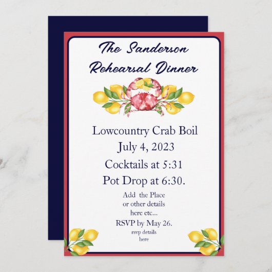 Red White en Blue Lemom Crab Boil Invitation Kaart (Voorkant / Achterkant)