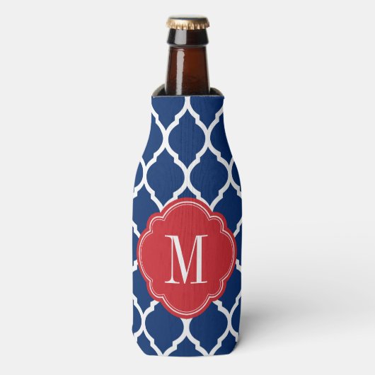 Red White en Blue Moroccan Quatrefoil Monogram Flesjeskoeler (Fles Voorkant)