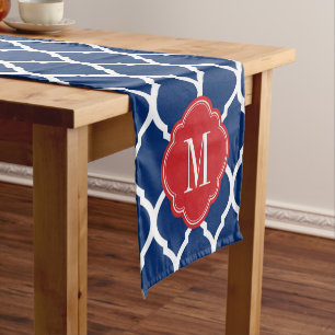 Red White en Blue Moroccan Quatrefoil Monogram Korte Tafelloper