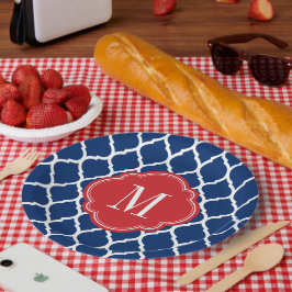 Red White en Blue Moroccan Quatrefoil Monogram Papieren Bordje