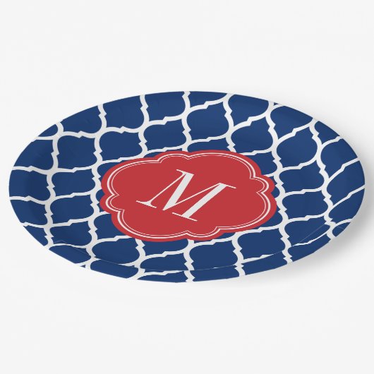 Red White en Blue Moroccan Quatrefoil Monogram Papieren Bordje (Gekanteld)
